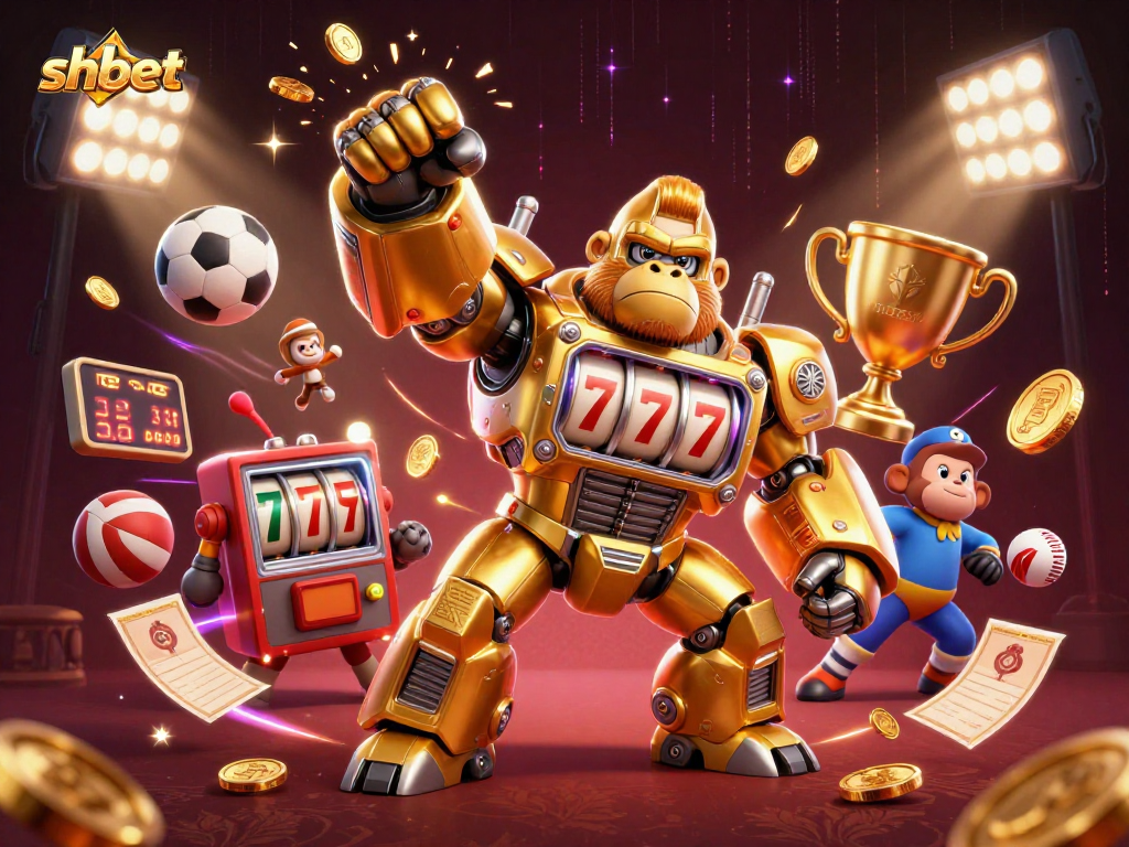 Experience the thrill with shbet's dynamic casino illustration featuring a golden gorilla mech and sports elements.