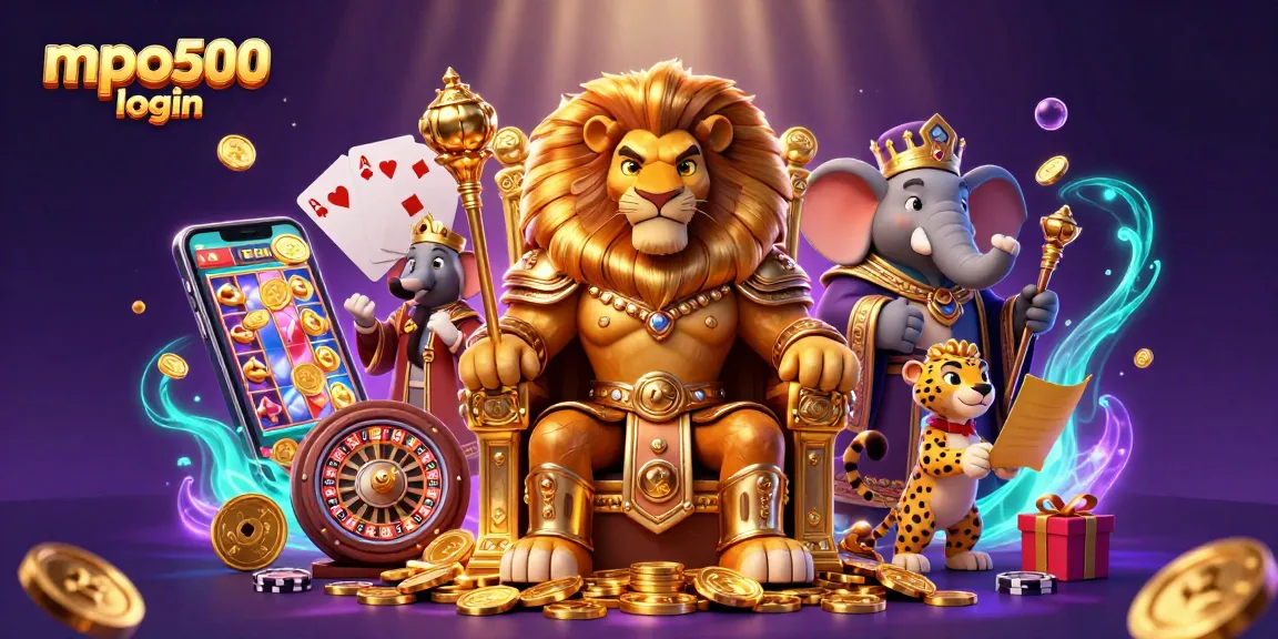 MPO500 login showcases vibrant casino characters in a dynamic slot game scene with rich, animated elements.