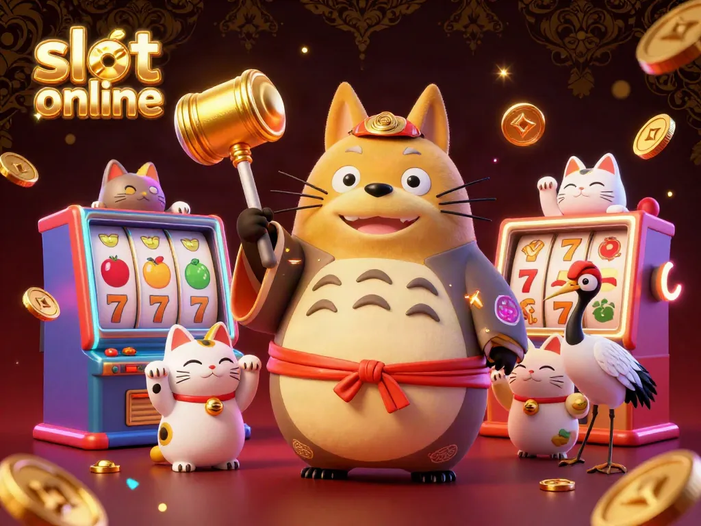 Experience the thrill of slot online with this vibrant 3D cartoon illustration featuring joyful characters and colorful slot machines.