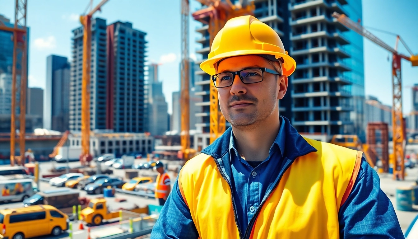 New York Construction Manager guiding a construction project amid an active site with cranes.