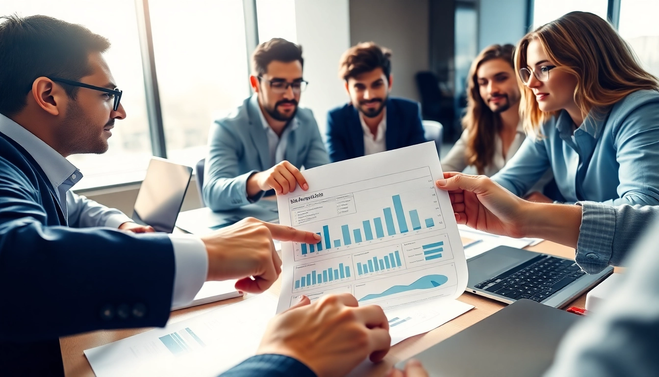 Engaging Bid-No-Bid Analysis with a consultant team reviewing charts and documents in a modern office.