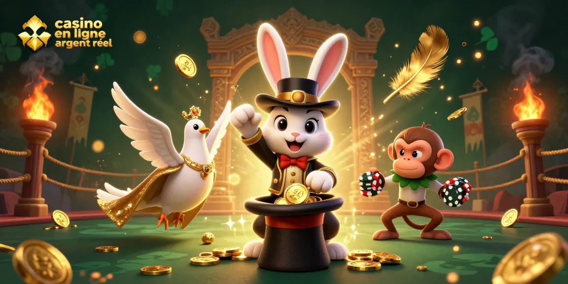 Illustration d'une scène de casino en ligne argent réel avec un magicien, une colombe et un singe