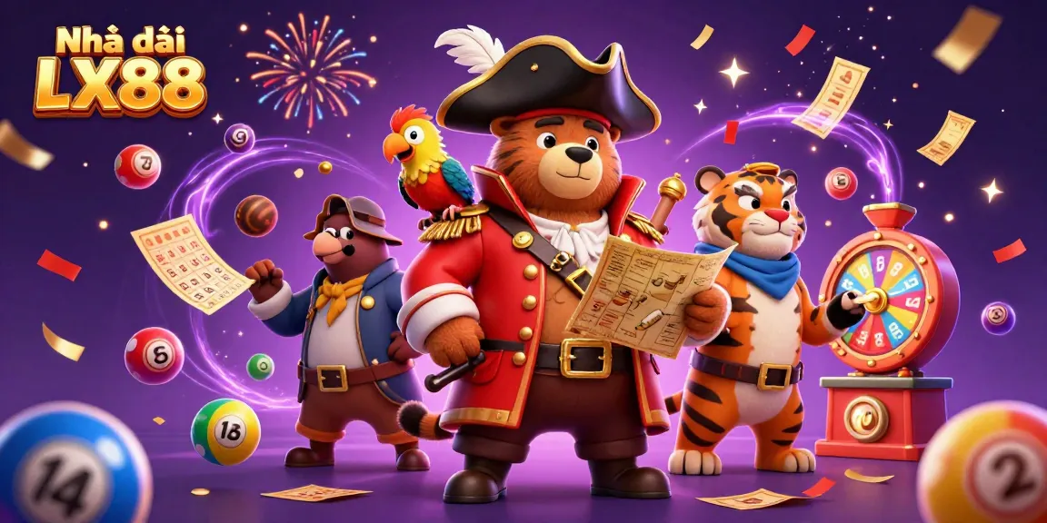 Join the fun with Nhà cái LX88's vibrant casino adventure featuring a pirate captain bear and his team!