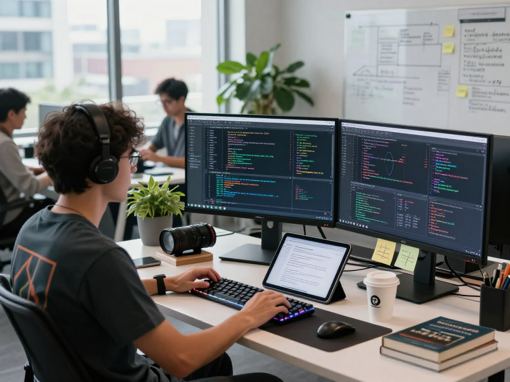 Dynamic software development workspace showcasing global futures real-time API integration in action with multiple monitors.