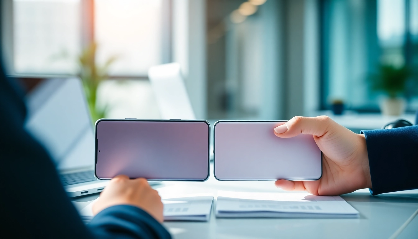 Compare Vodafone vs O2 business mobile devices in a sleek office setting.