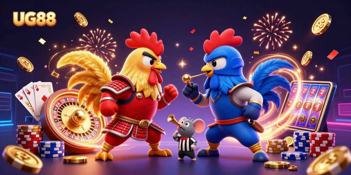 Witness the epic standoff at UG88 with fighting roosters in dynamic armor, gambling elements igniting the tension!
