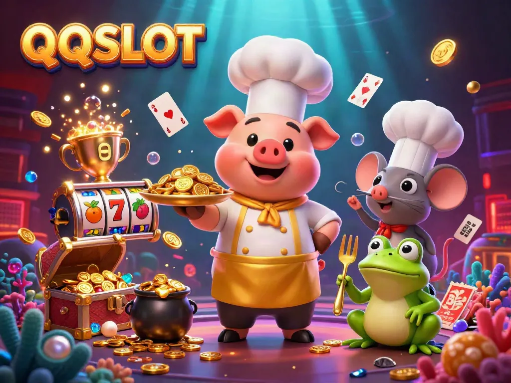 Engage with QQSLOT's vibrant casino scene featuring a chef pig, sous-chef mouse, and critic frog amidst slot reels and gold coins.