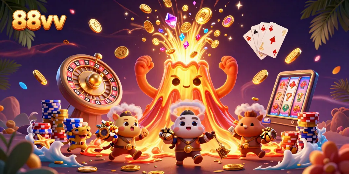 Experience excitement at 88vv as the golden volcano erupts coins and gems in a bustling casino scene.