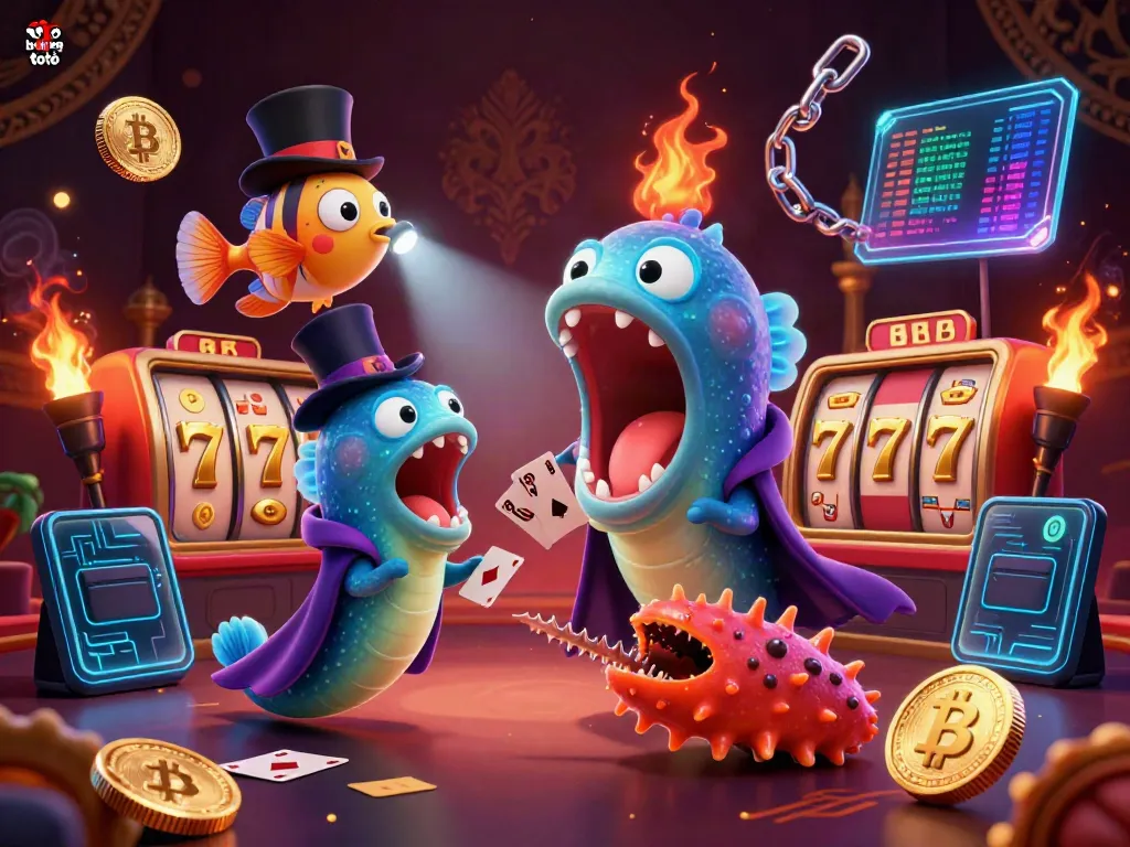 Bujang toto shines in a vibrant casino scene with characters performing magic tricks and glowing crypto coins.