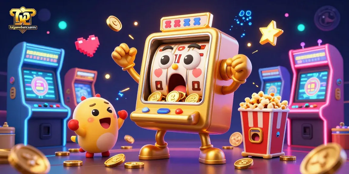 Spin the slot machine jackpot with taigamebancaanxu as coins fly out amidst cheers and vibrant arcade elements.