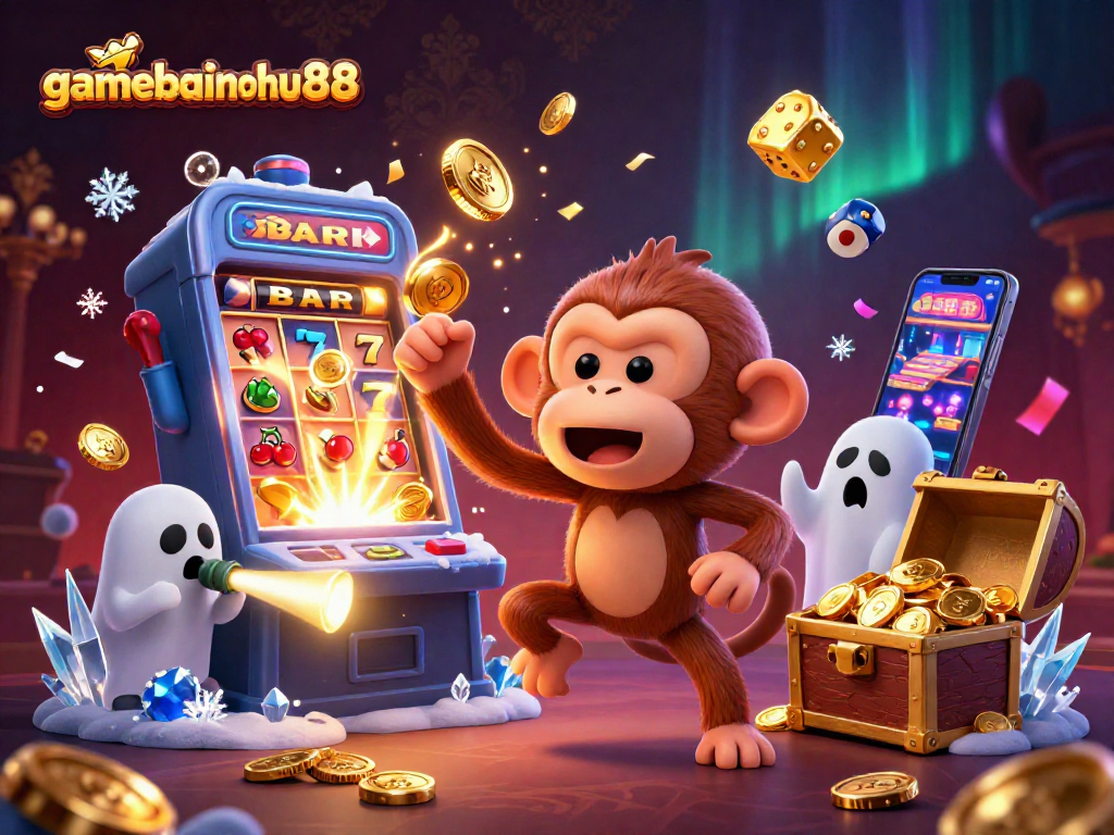 Spin and win at gamebainohu88 with a playful poltergeist monkey juggling gold coins and cards.