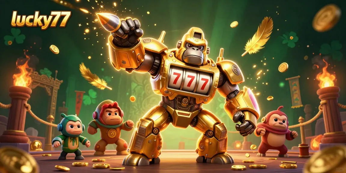Experience thrilling winnings at lucky77 with a golden gorilla mech amidst a dynamic casino setting.