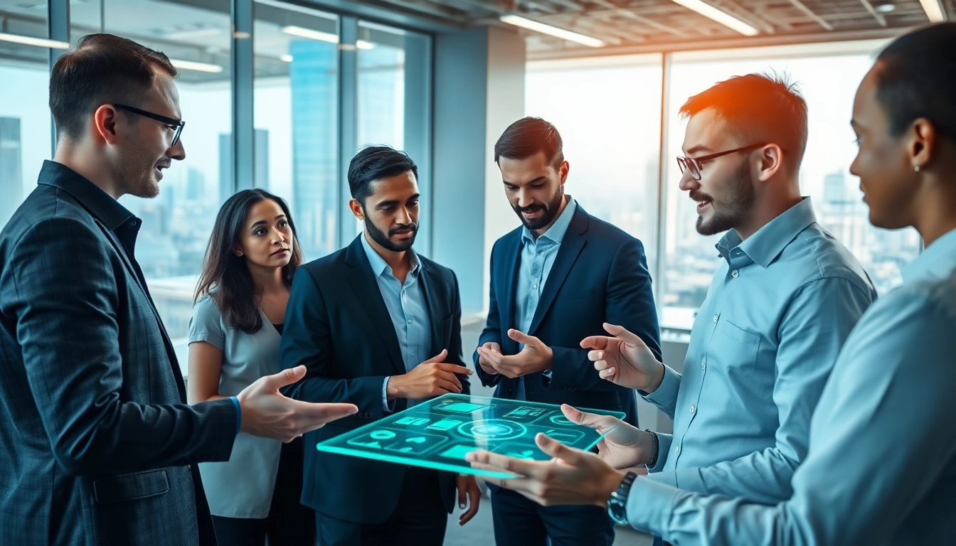 AI agents collaborating in a futuristic office with digital interfaces and diverse individuals.