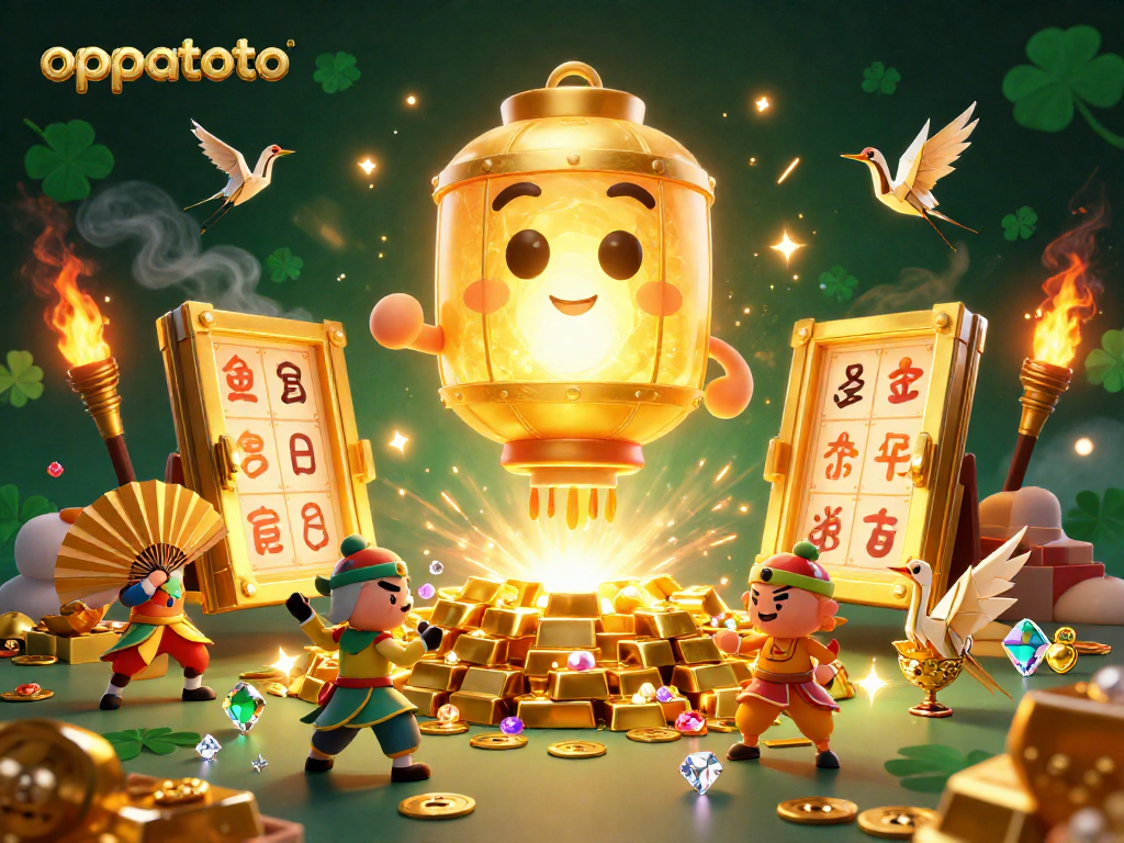 Win big with oppatoto in a vibrant lottery market illustration, featuring golden symbols and treasures.