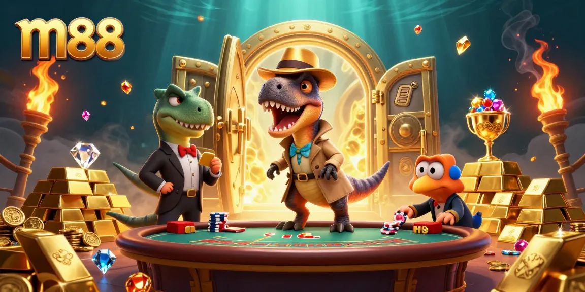 Experience the thrill at m88 with a raptor card counter and a stegosaurus pit boss in a vibrant casino setting.