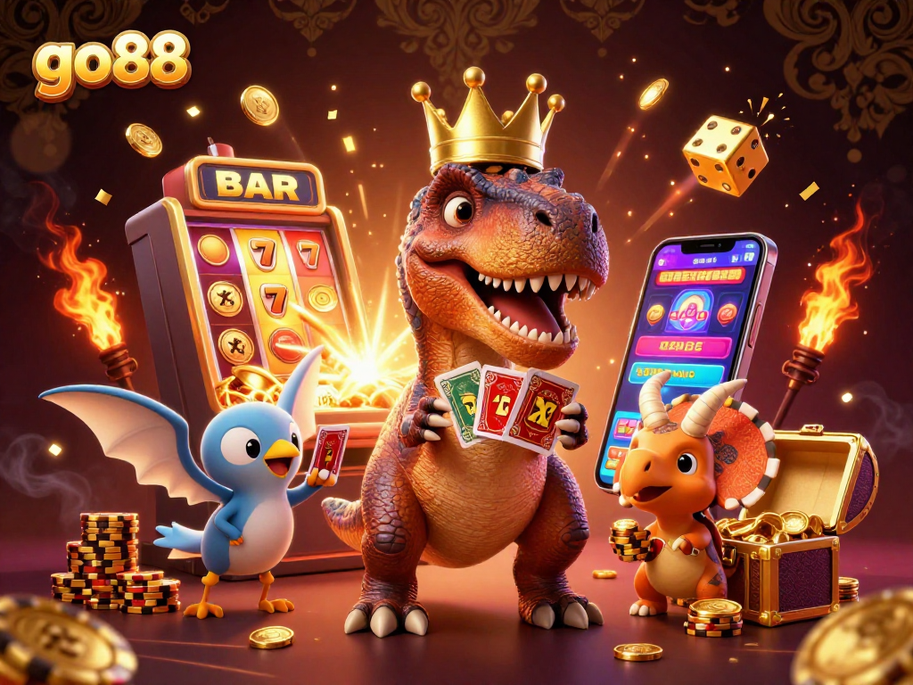 go88's lively casino scene with a T-Rex shuffling cards and a slot machine bursting coins.