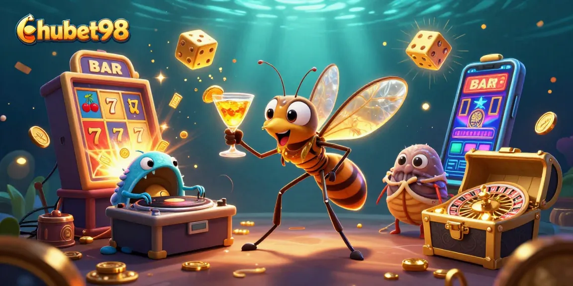 Experience vibrant gambling action with hubet98 as a unique mosquito mascot and fossil DJ amidst 3D casino elements.