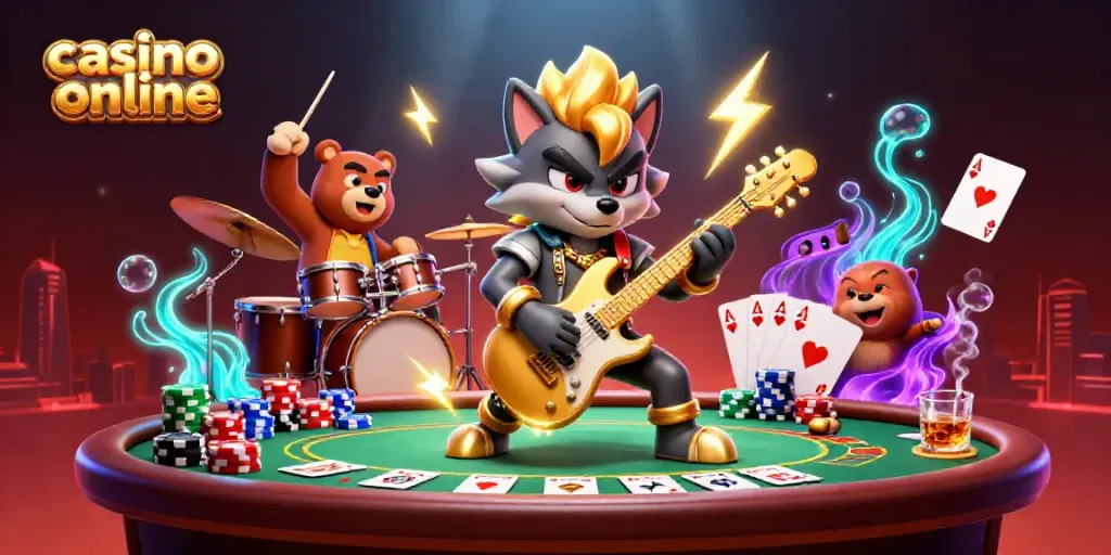 Dynamic scene of a rock star wolf and drummer bear performing at a vibrant casino online, showcasing excitement.