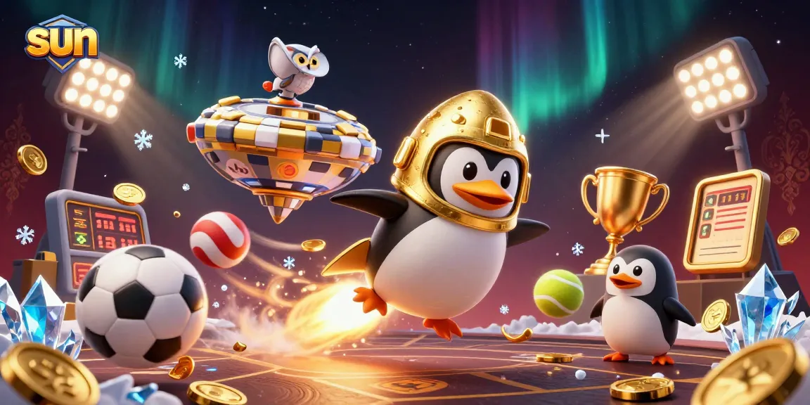 Bet on sun-themed casino adventures with a penguin and sports elements in a vibrant universe.