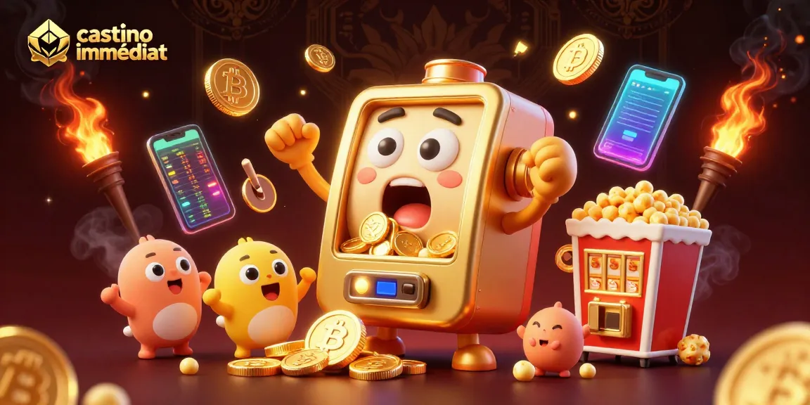 Profitez du casino retrait immédiat avec une machine à sous qui célèbre son jackpot, entourée de pièces de monnaie.