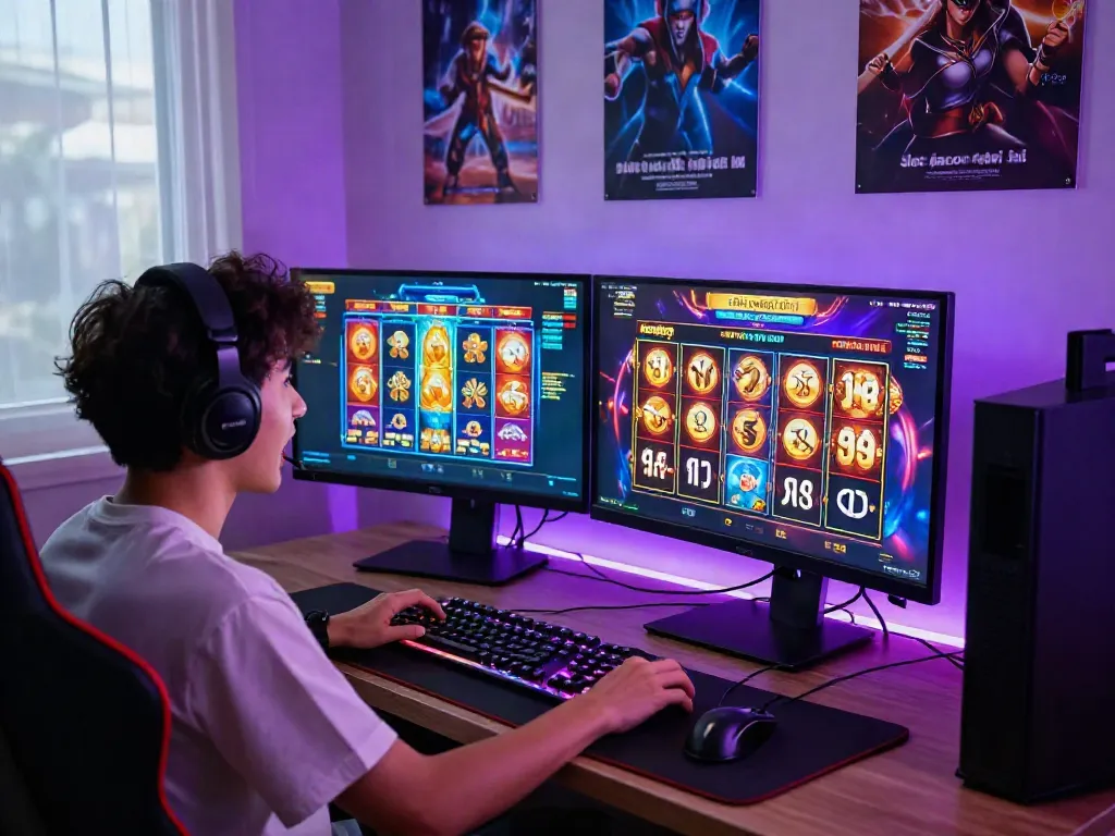 Engaged player enjoying a slot gacor hari ini game on dual monitors in a vibrant gaming setup, highlighting excitement and modern gaming accessories.