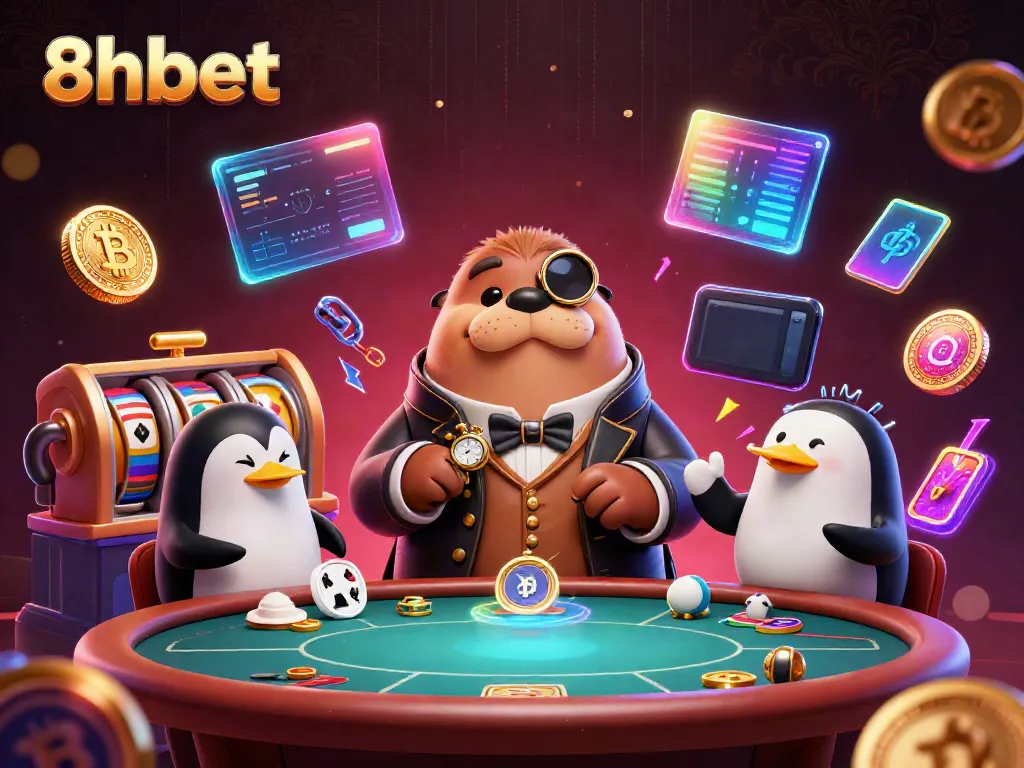 Experience the vibrant underwater poker night with 8xbet featuring a sleek walrus, a refined penguin dealer, and a bluffing pufferfish.