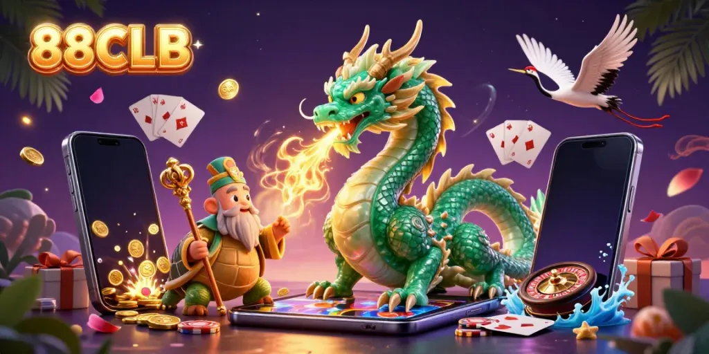 Experience the excitement of 88CLB with a vibrant digital scene full of gaming elements and mystical characters.