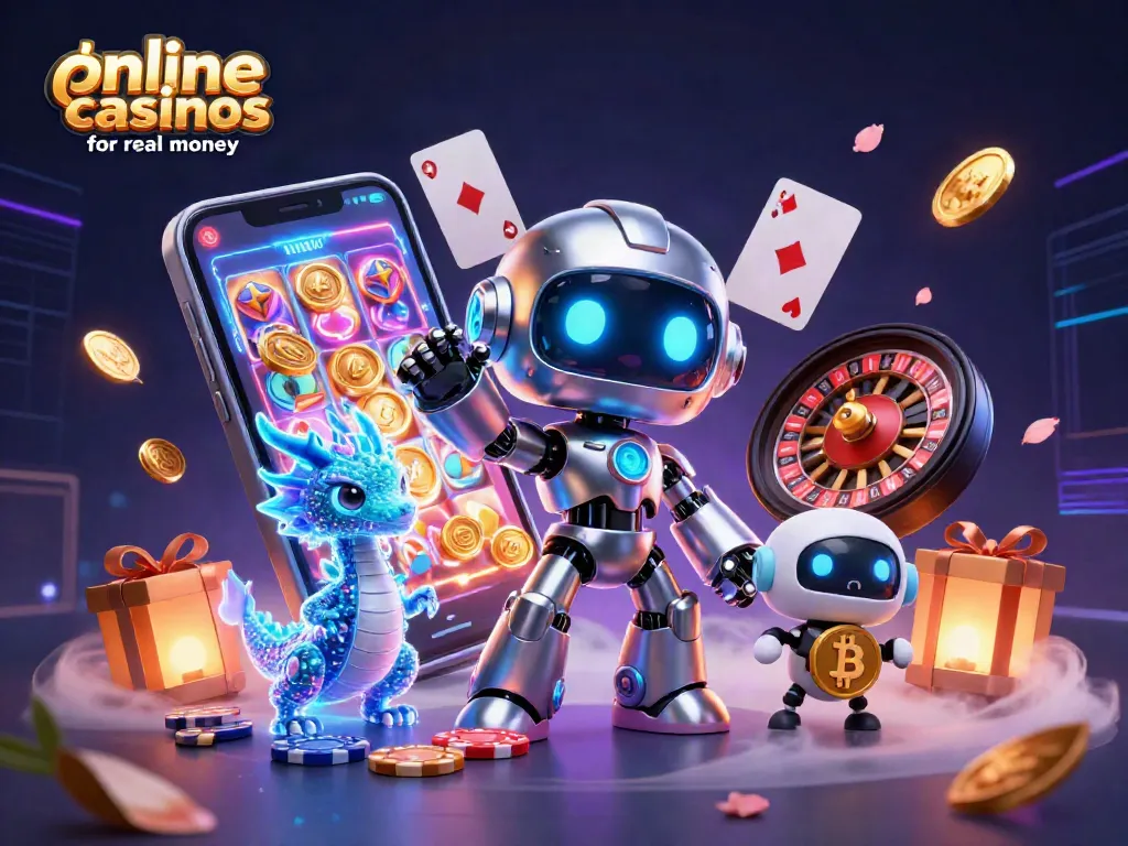 Engage with online casinos for real money in a vibrant scene featuring a cyberpunk mascot, AI dragon, and bitcoin drone.