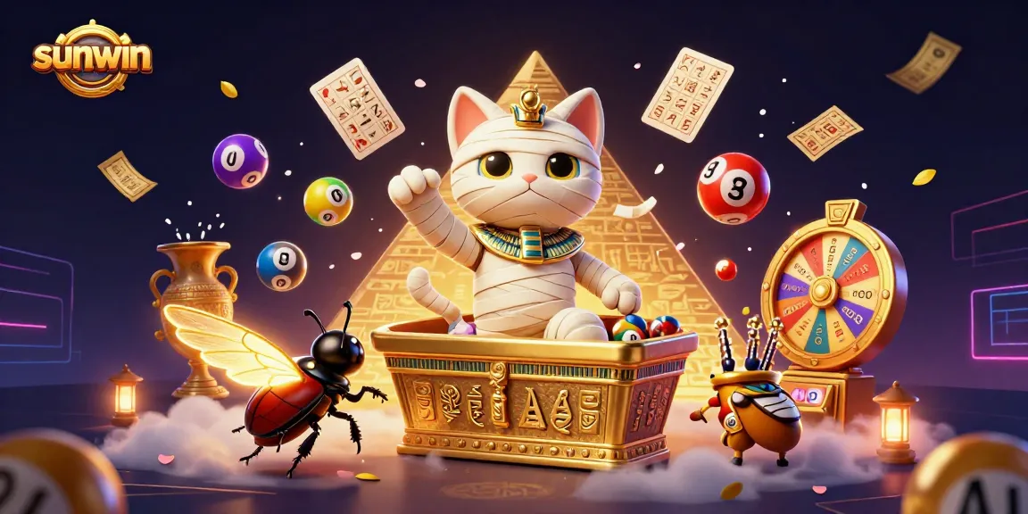 Experience the thrill of sunwin with an Egyptian mummy cat in a vibrant casino atmosphere.