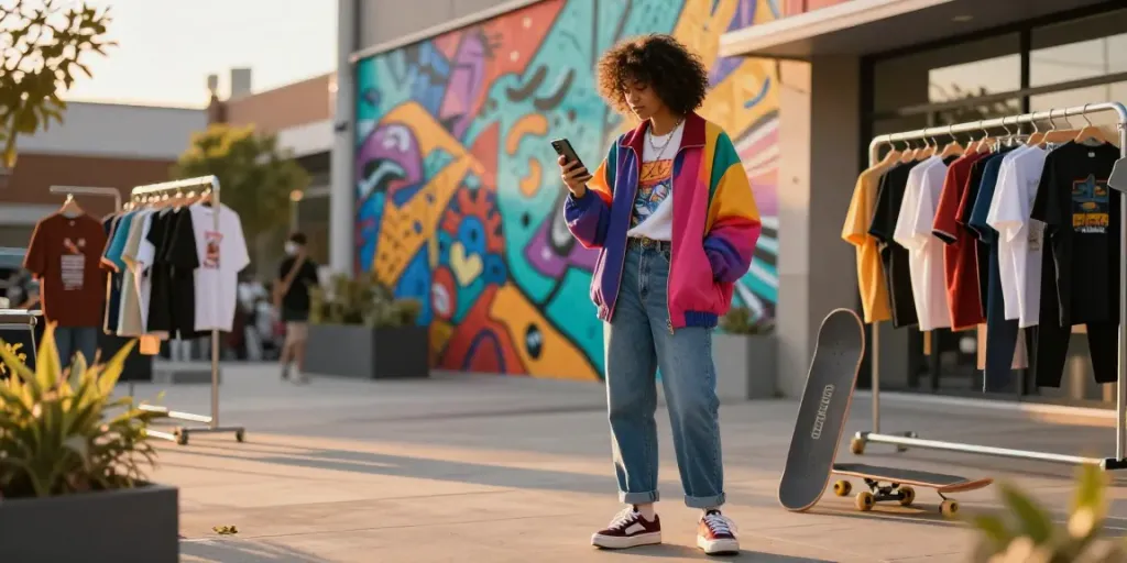 Fashionable individual exploring next trends in an urban setting during sunset.