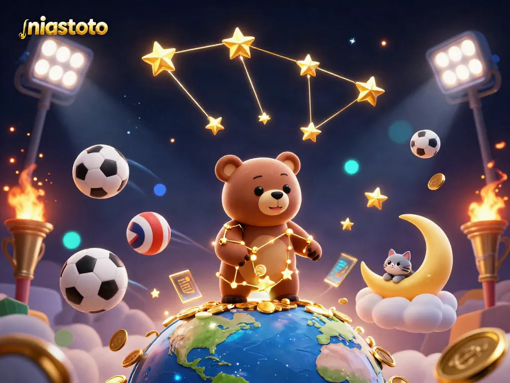 Win big with niastoto featuring a constellation bear and sports elements in a vibrant casino scene