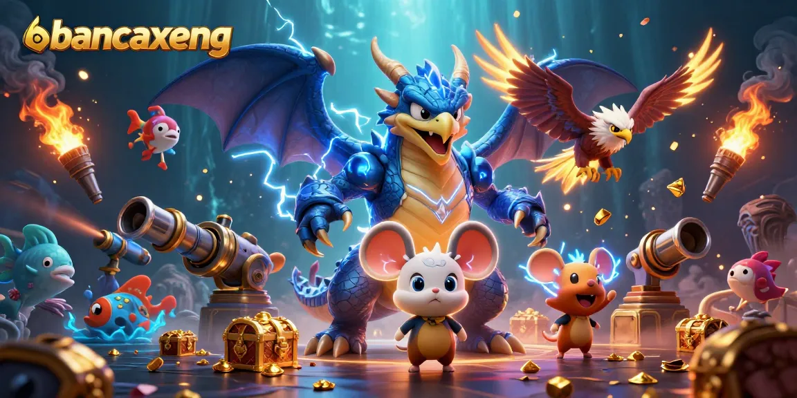 Experience the excitement of bancaxeng with epic sea creatures and dynamic gaming elements in this vibrant illustration.