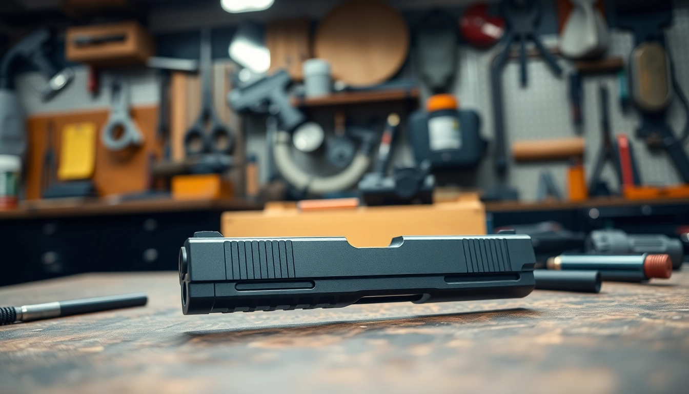 Showcasing Glock 43 slide MOS emphasizing craftsmanship and precision in a gunman's workshop.