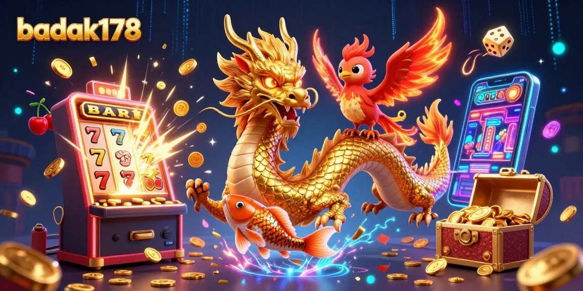 Experience thrilling wins with badak178's vibrant 3D casino illustration featuring dragons and jackpots.