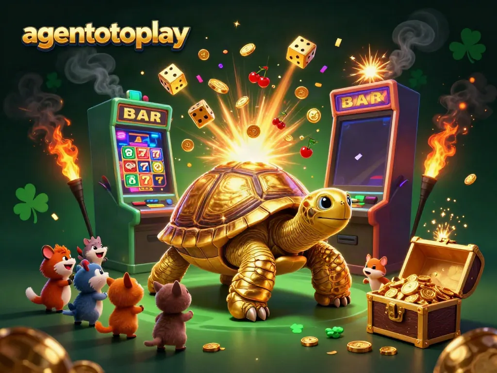Engage in the thrilling world of agentotoplay with a captivating scene of a golden tortoise pinball machine surrounded by excited players.