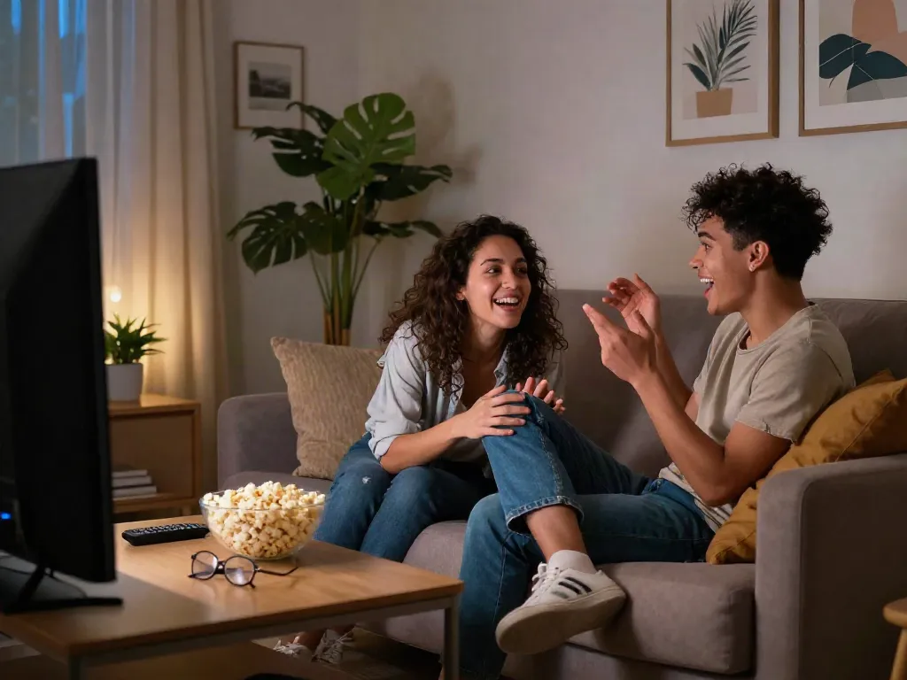 Enticing scene of stepsis porn scenario with playful interactions in a cozy living room setting.