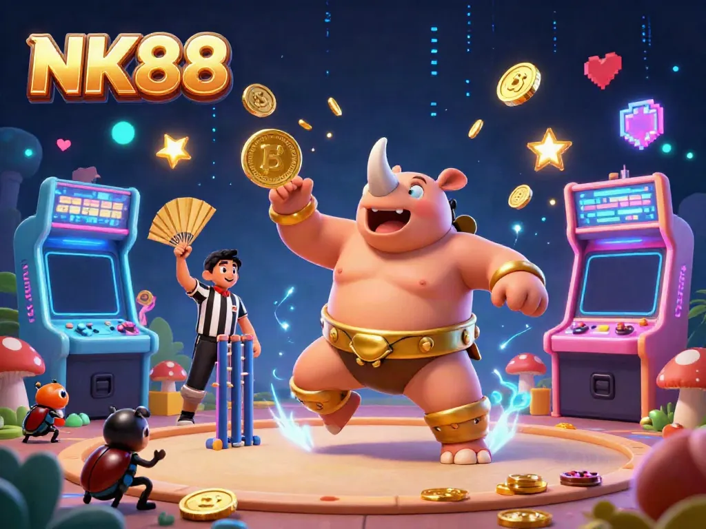 Experience the excitement of NK88 with dynamic characters, glowing game elements, and rich casino details.