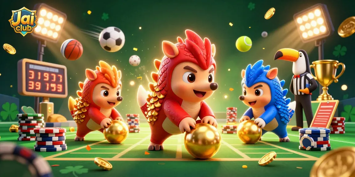 Engage with Jai club as pangolins roll through poker chips in a vibrant casino scene.