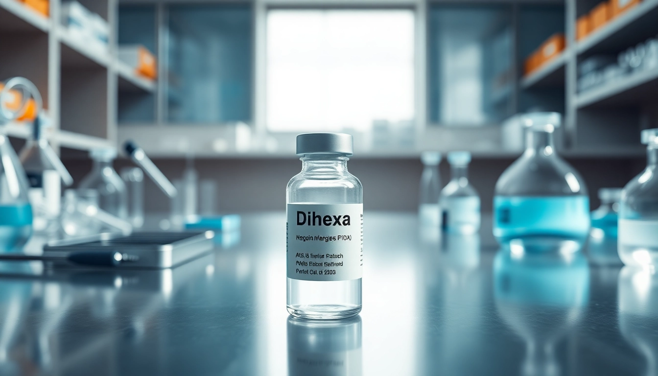 Vial of dihexa jupiter on a sleek lab bench, highlighting advanced peptide research.