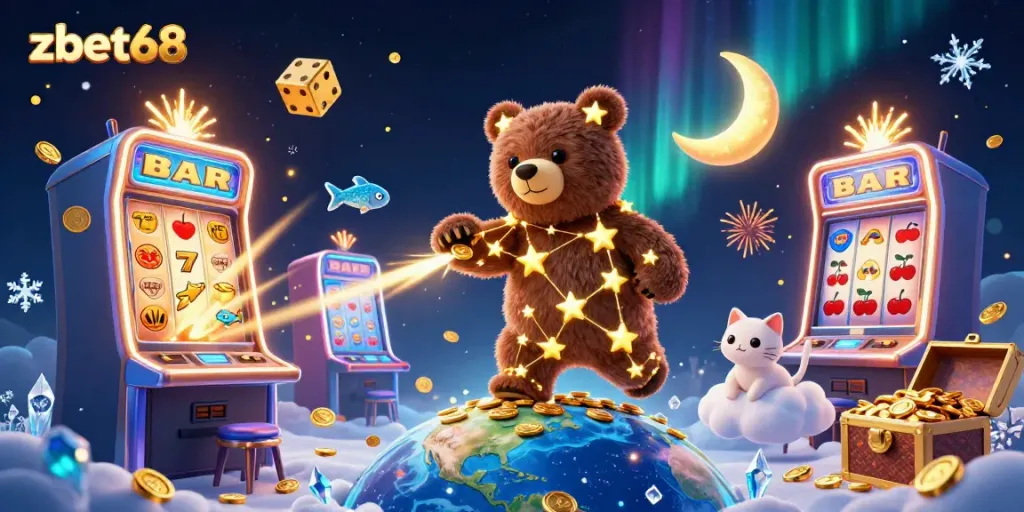 Experience the magic of zbet68 with a constellation bear and casino elements in a captivating online scene.