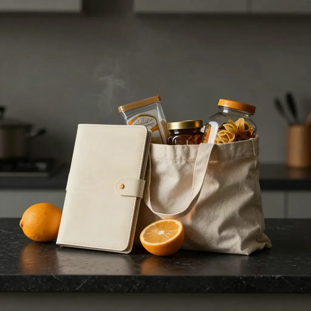 Cream offer wallet beside pasta kit, citrus, and grocery tote on a dark counter with dramatic light.