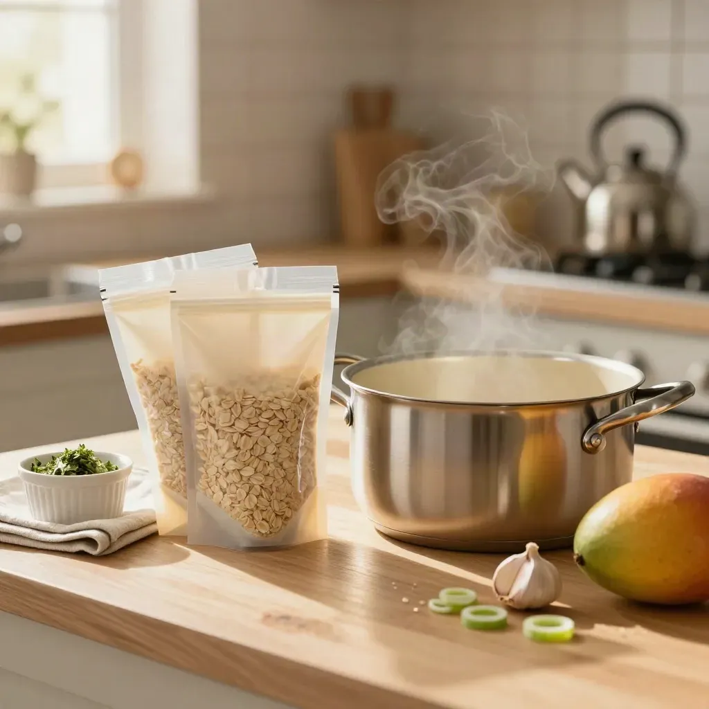Meal kit starter pack on pale wood with saucepan, pouches, linen towel, and gentle steam