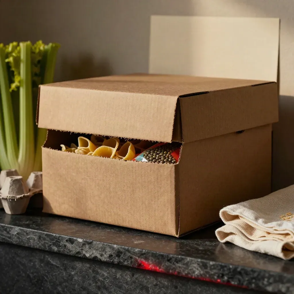 Kraft grocery saver box with eggs and celery on dark stone, partly open with pantry staples