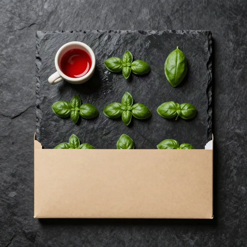 Overhead flatlay of a kraft pizza voucher pack with sauce cup, parchment and basil on wet basalt.