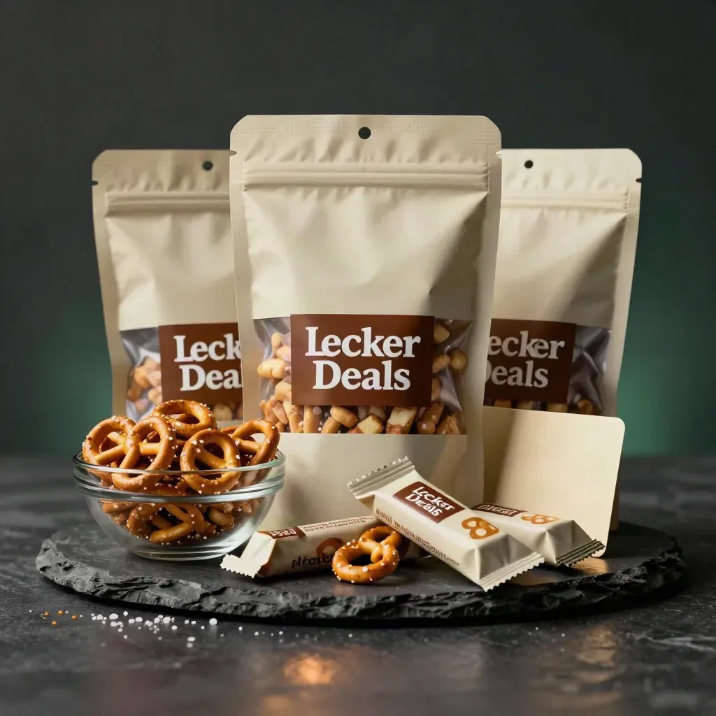 Snack bundle with pretzels, bars and pouches on dark stone, lit dramatically
