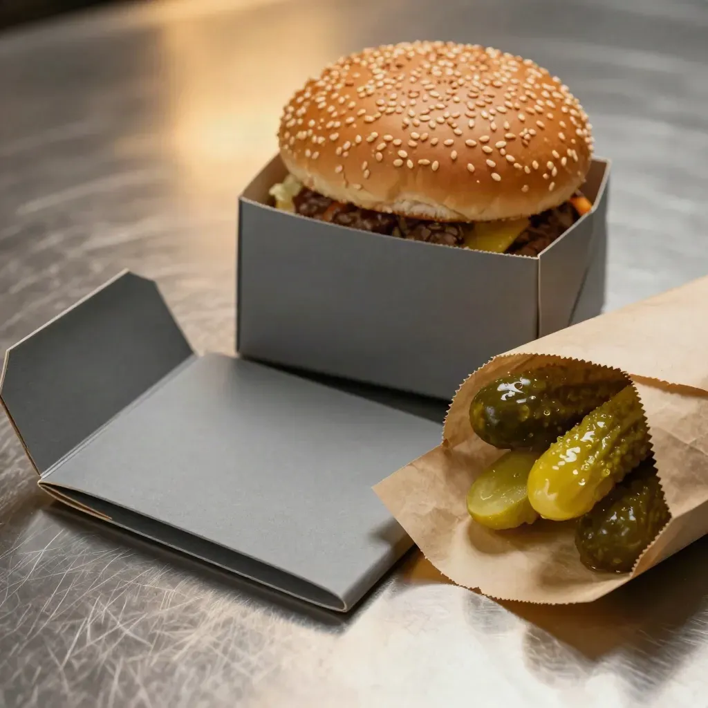 Burger-night bundle on brushed steel with sesame bun, pickles, parchment and open wrap.