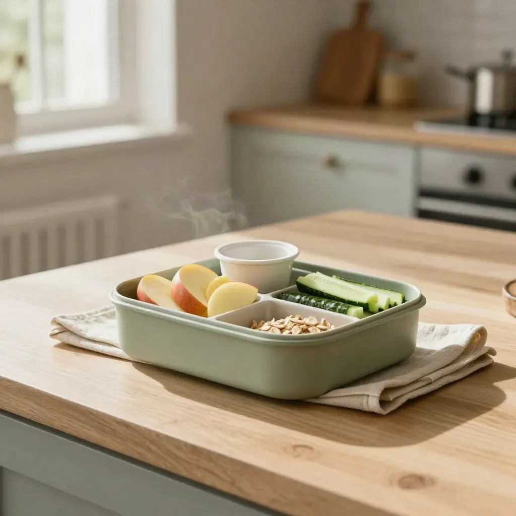Healthy lunch box with apple slices, cucumber spears and cloth napkin on a sunlit kitchen island.