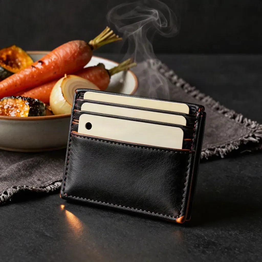 Leather wallet with blank cards, roasted vegetables, and a bowl on dark linen in dramatic studio light.