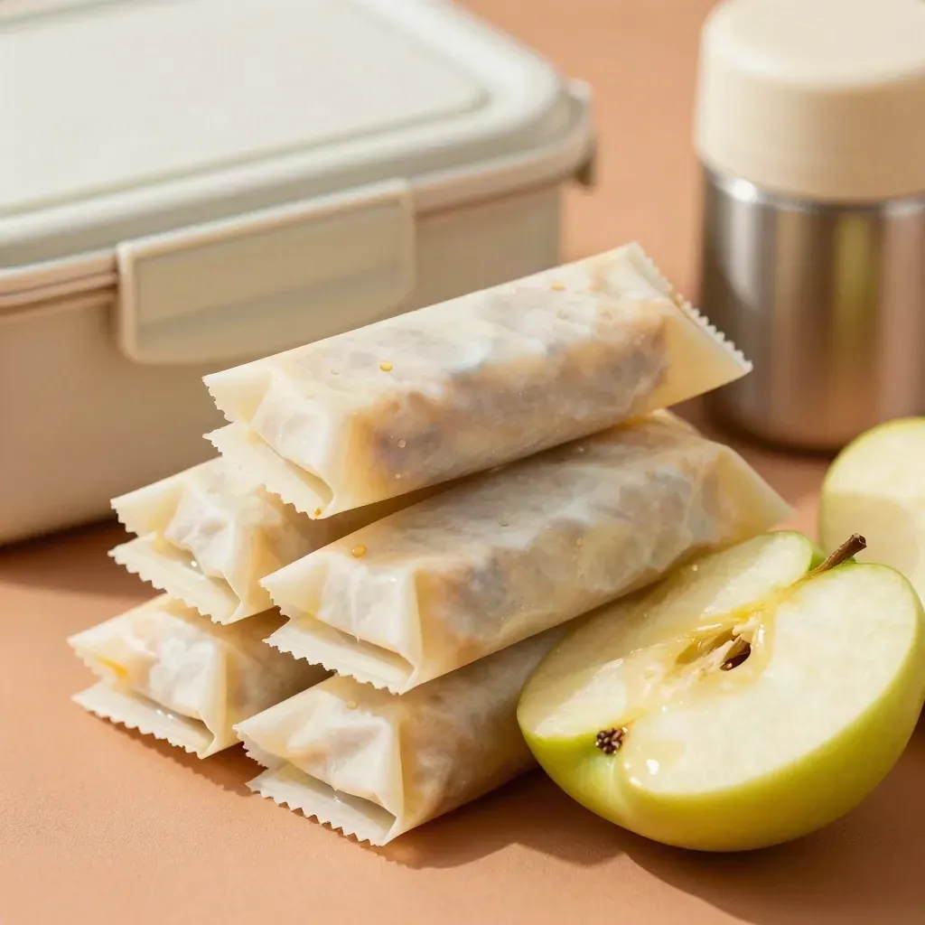 Kids lunch pack with wraps, apple wedges, thermos, and pale lunchbox shell on clay.
