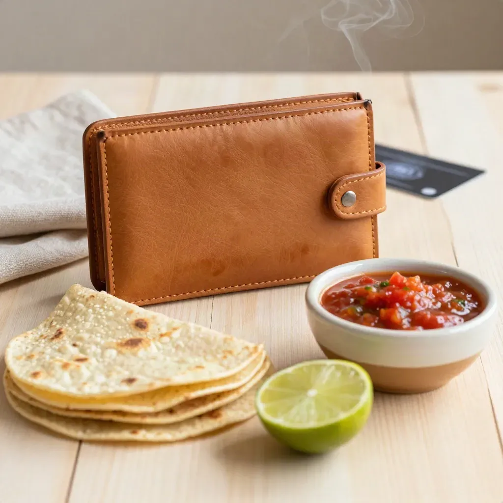 Taco-night code wallet beside tortillas, limes and salsa bowl on pale wood with warm steam.